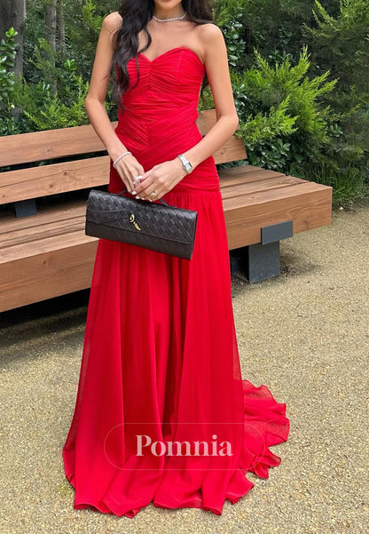 Simple Red Sleeveless Strapless A-Line Prom Dress