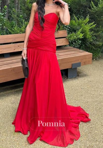 Simple Red Sleeveless Strapless A-Line Prom Dress