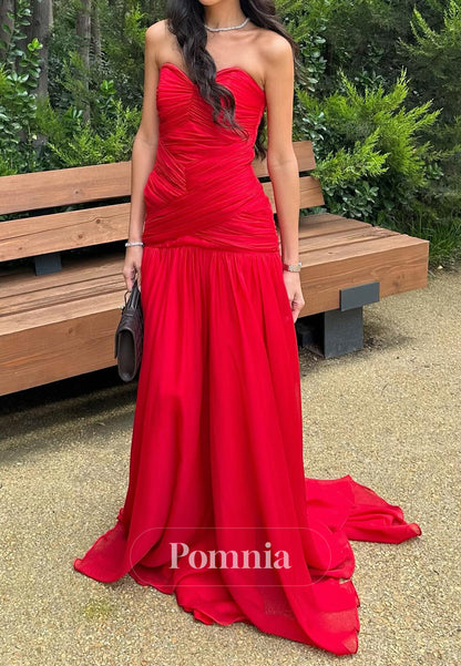 Simple Red Sleeveless Strapless A-Line Prom Dress