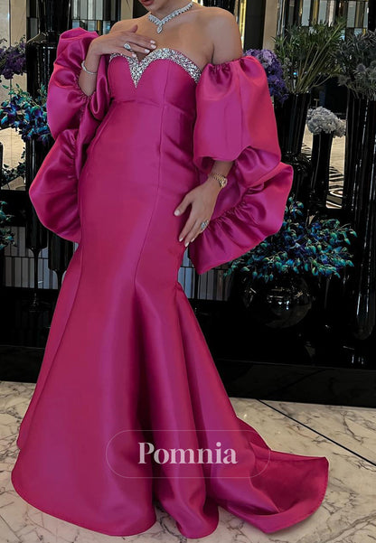 Fuchsia Off-Shoulder Sweetheart Cape Sequins Evening Dress