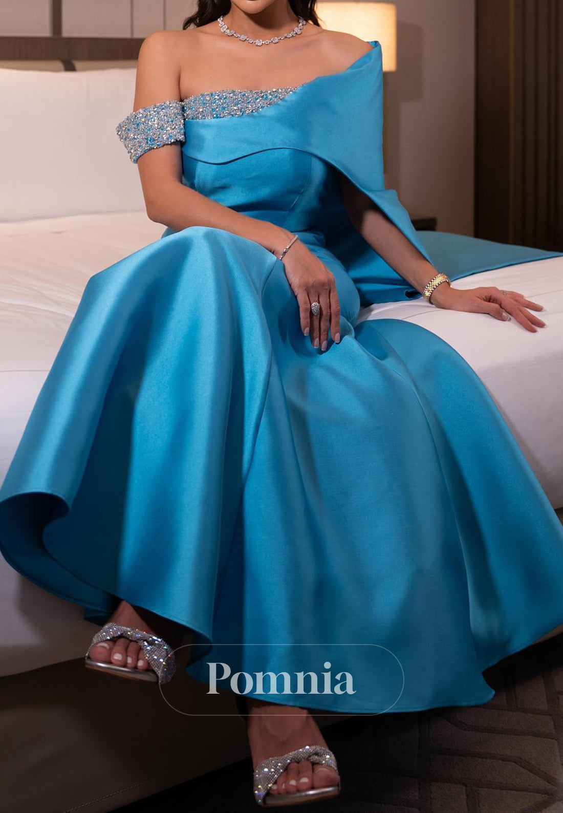 Pool One Shoulder Cap Sleeves Sequins Evening Dress