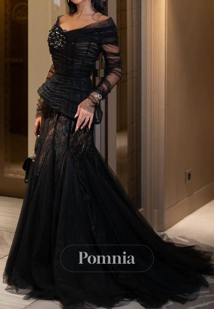 Black Long Sleeves Scoop Corset Tulle Evening Dress