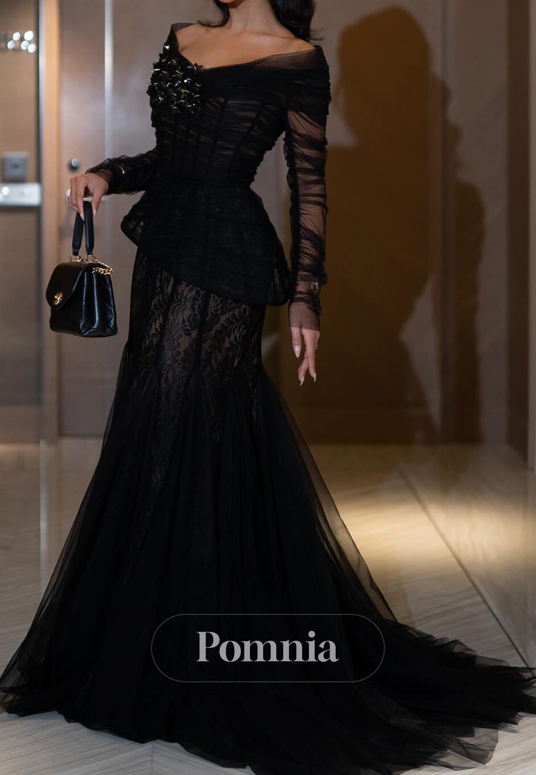Black Long Sleeves Scoop Corset Tulle Evening Dress