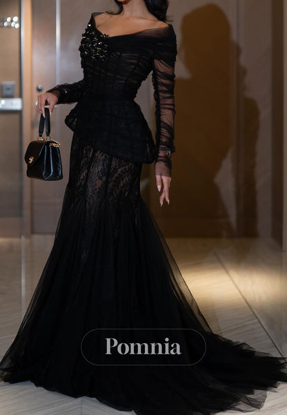 Black Long Sleeves Scoop Corset Tulle Evening Dress