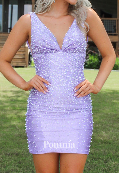 Lilac Spaghetti Straps V-Neck Sequins Short Homecoming Dress