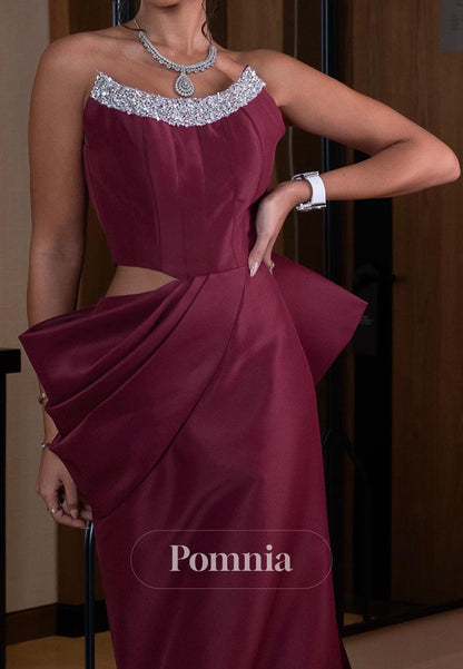 Mulberry Sleeveless Strapless Beads Evening Dress