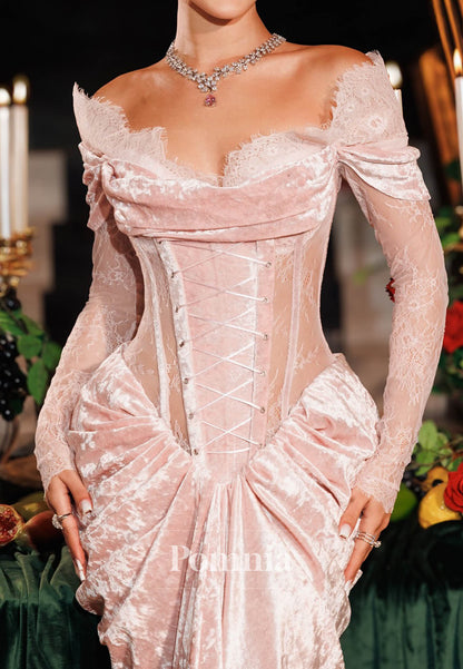 Rose Petal Long Sleeves Sweetheart Corset Tulle Prom Dress