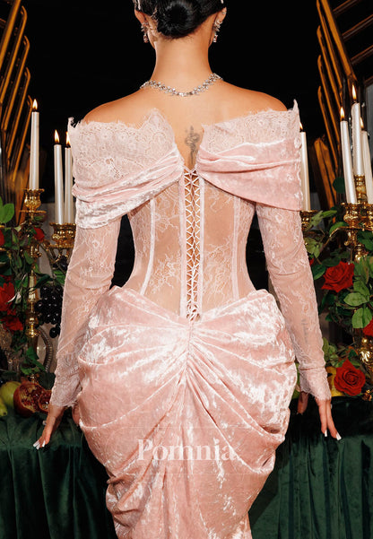 Rose Petal Long Sleeves Sweetheart Corset Tulle Prom Dress