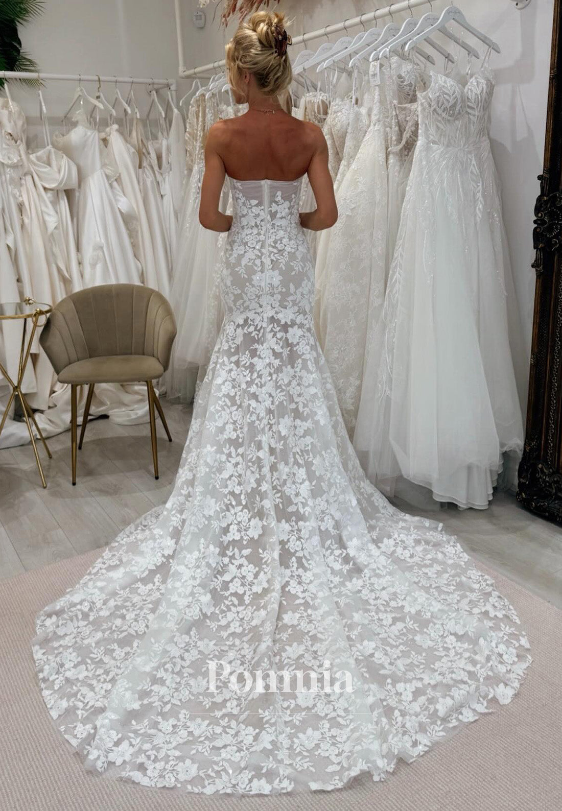 A-Line Sleeveless Strapless Floral Appliques Sweep Train Wedding Dress