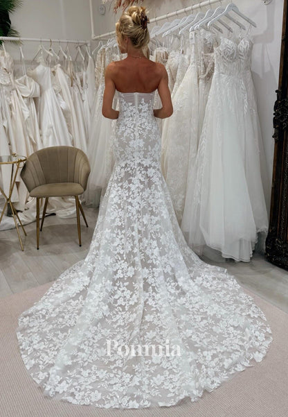 A-Line Sleeveless Strapless Floral Appliques Sweep Train Wedding Dress