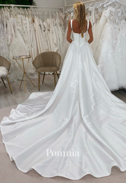 Simple Spaghetti Straps Square Empire-Waist Satin Wedding Dress