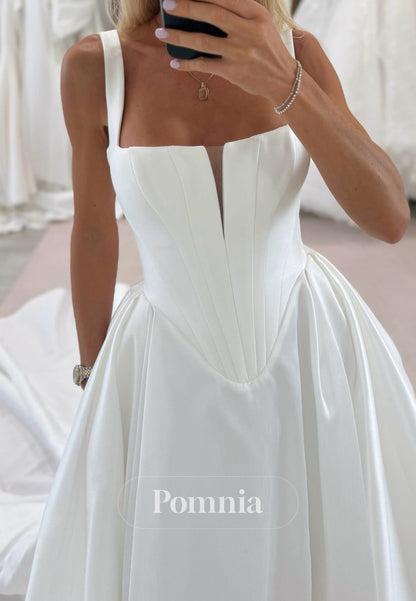 Simple Spaghetti Straps Square Empire-Waist Satin Wedding Dress