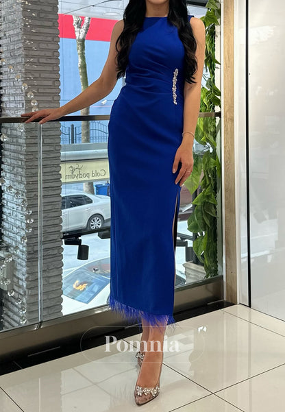 Sheath Scoop Sleeveless Feathers Slit Cocktail Dress