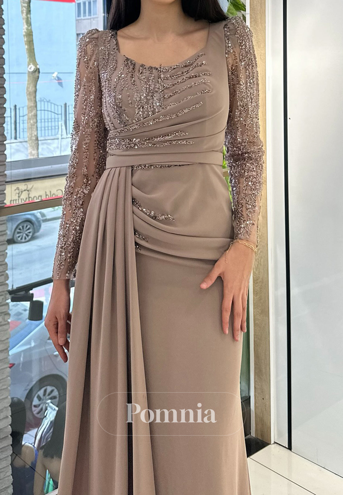 Long Sleeves Square Sequins Ruched Evening Dress