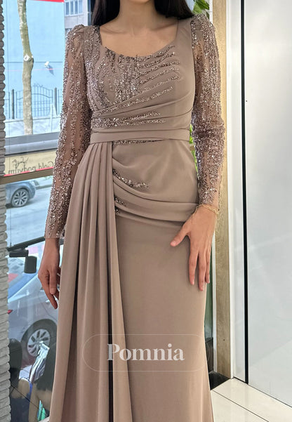Long Sleeves Square Sequins Ruched Evening Dress