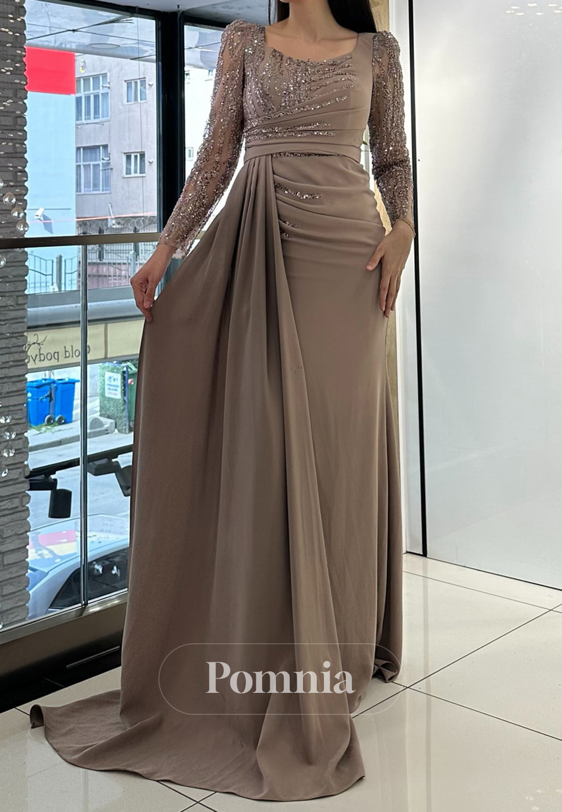 Long Sleeves Square Sequins Ruched Evening Dress