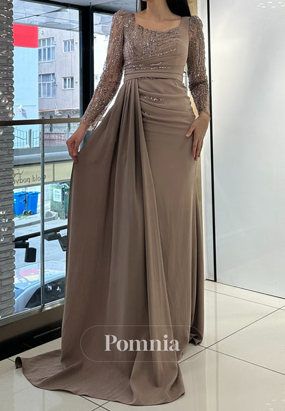 Long Sleeves Square Sequins Ruched Evening Dress
