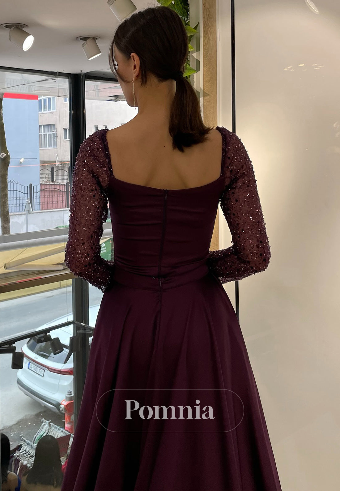 Charming A-Line Long Sleeves Scoop Removable Train Evening Dress