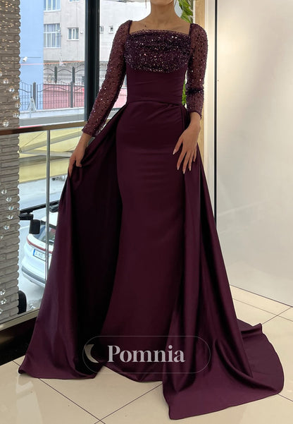 Charming A-Line Long Sleeves Scoop Removable Train Evening Dress