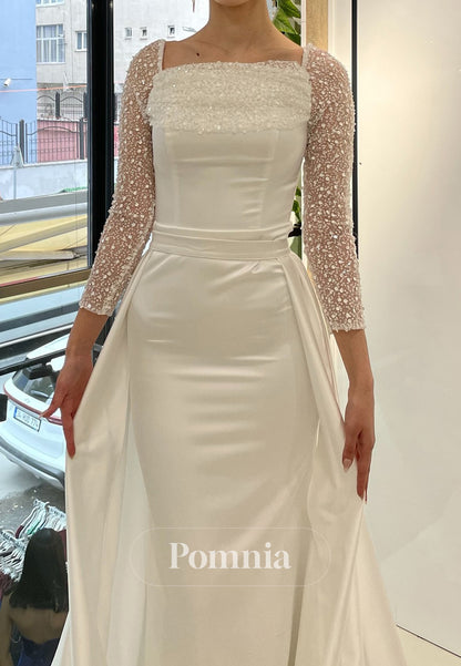 Charming A-Line Long Sleeves Scoop Removable Train Evening Dress
