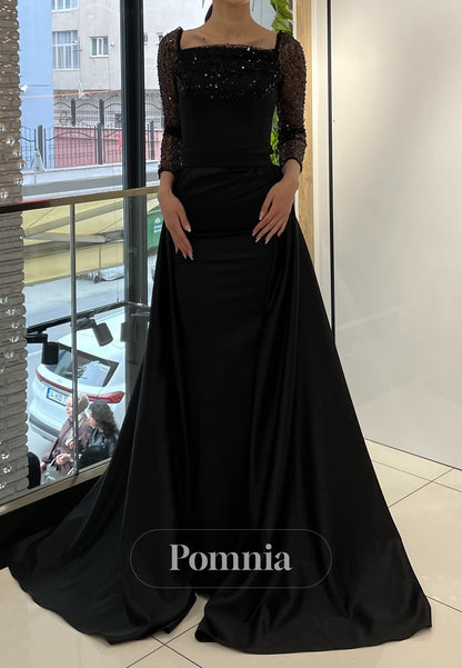 Charming A-Line Long Sleeves Scoop Removable Train Evening Dress