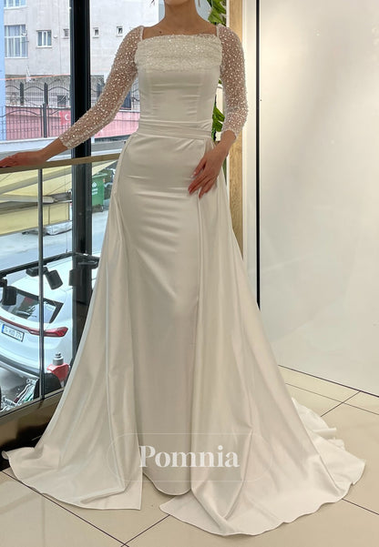 Charming A-Line Long Sleeves Scoop Removable Train Evening Dress