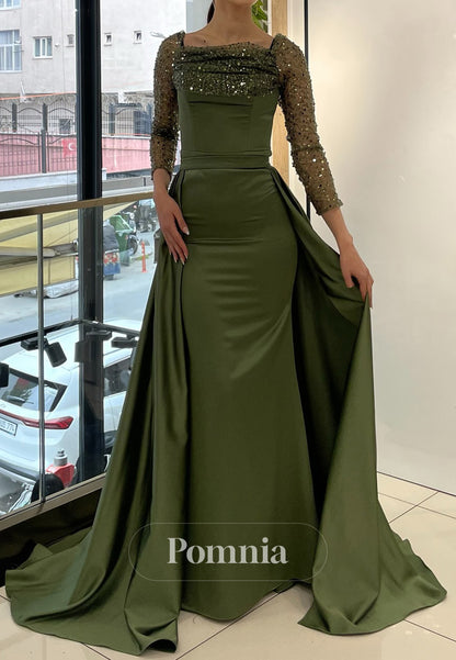 Charming A-Line Long Sleeves Scoop Removable Train Evening Dress