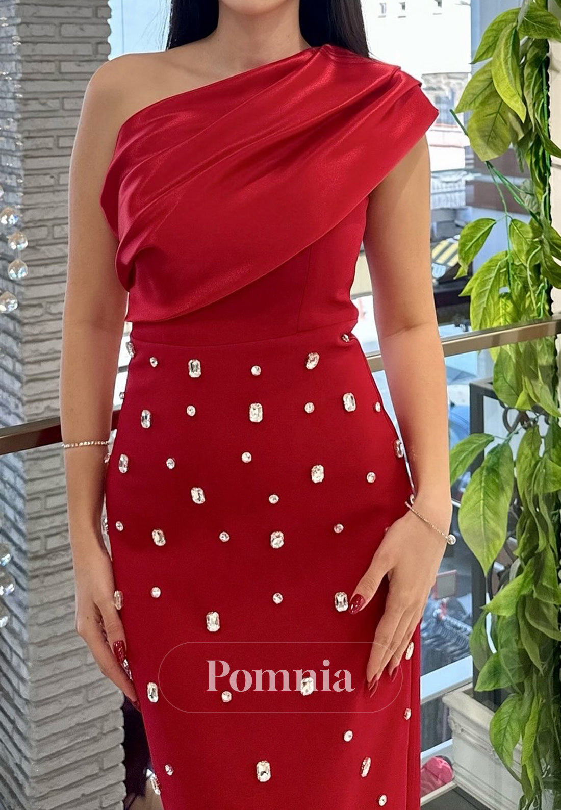 One Shoulder Sleeveless Beaded Floor-Length Evening Dress