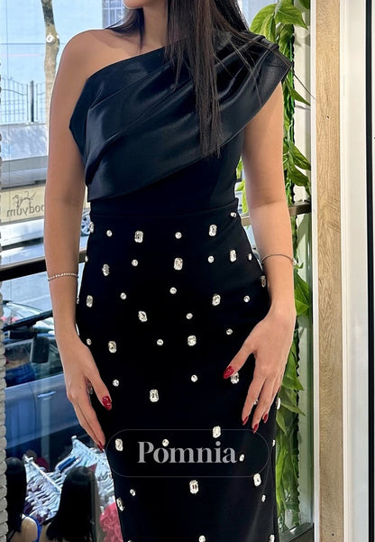 One Shoulder Sleeveless Beaded Floor-Length Evening Dress