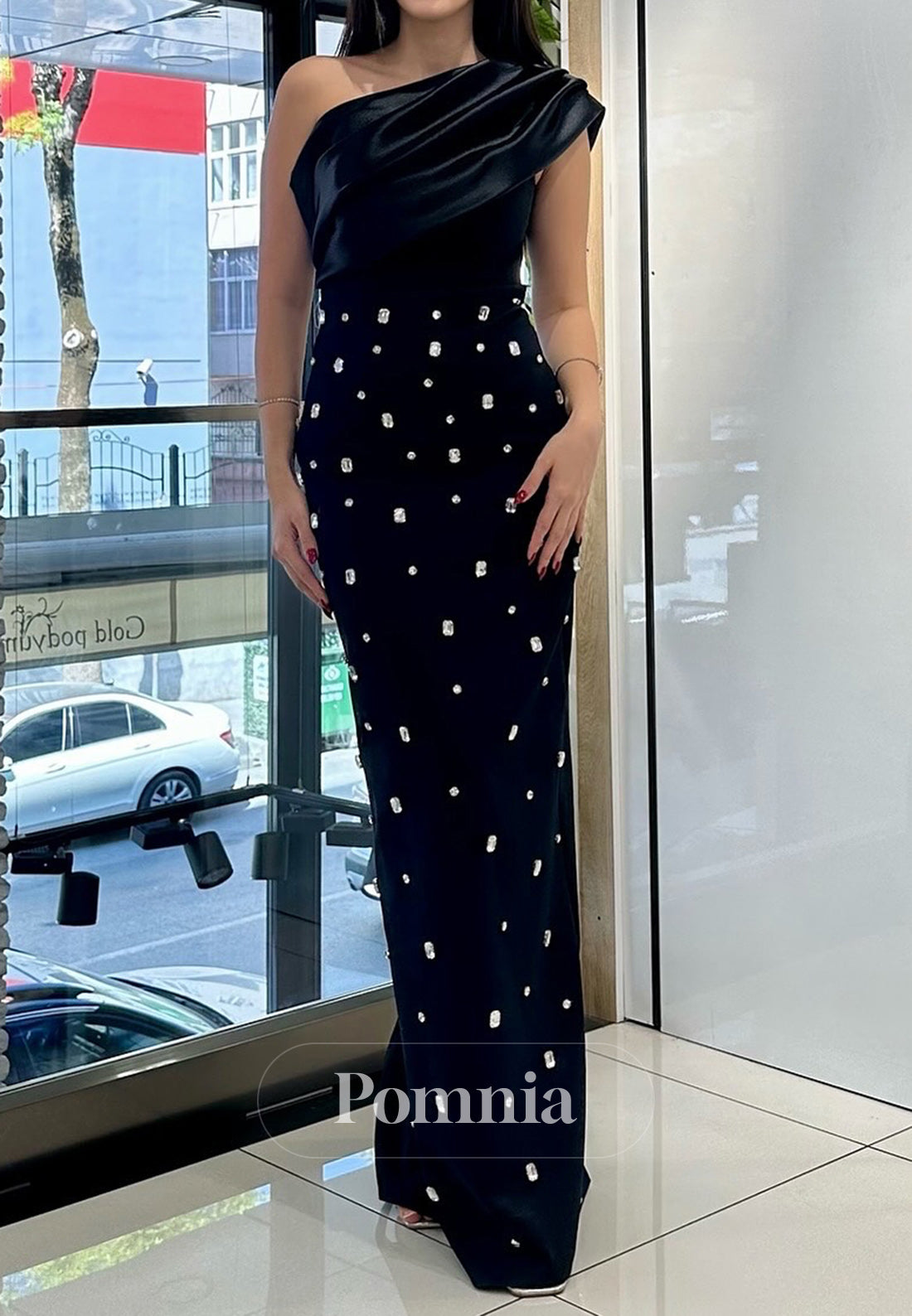 One Shoulder Sleeveless Beaded Floor-Length Evening Dress