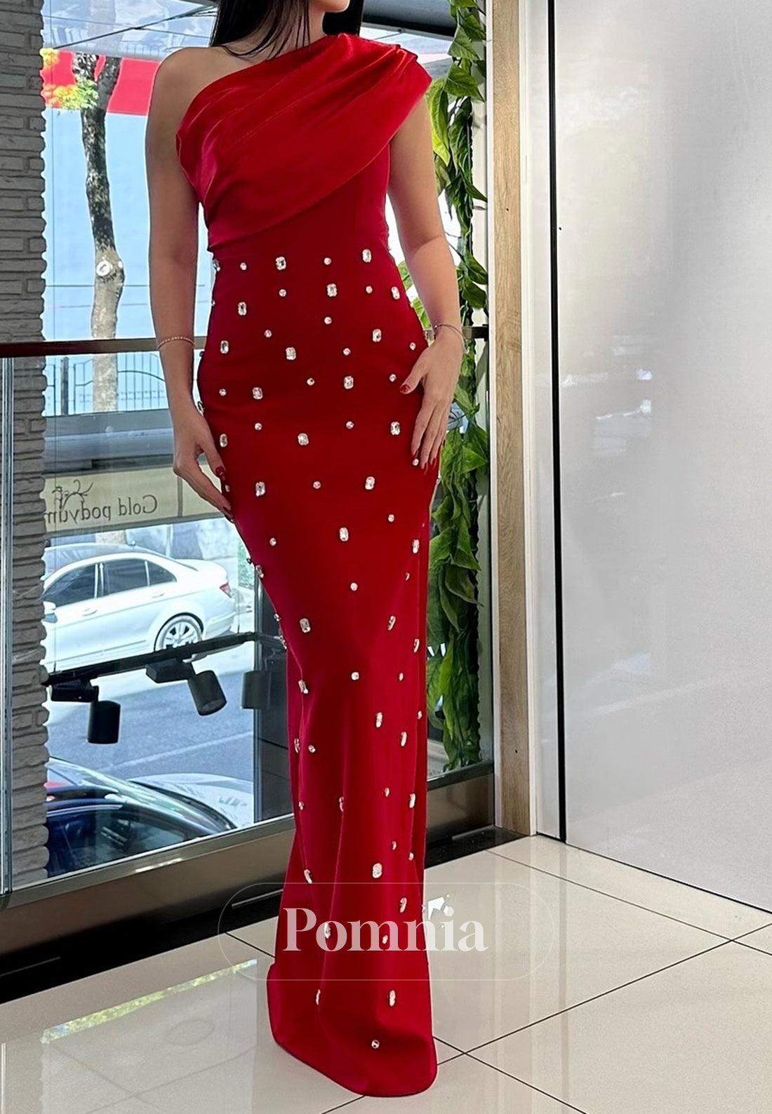 One Shoulder Sleeveless Beaded Floor-Length Evening Dress