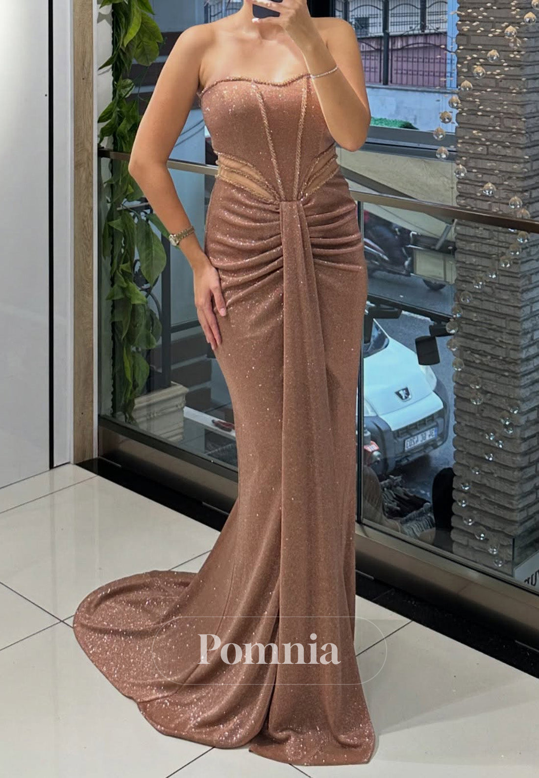 Simple Sleeveless Strapless Ruched Empire-Waist Prom Dress