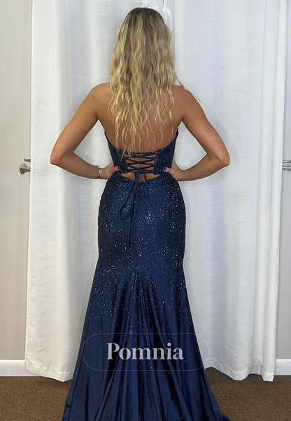 Strapless Sleeveless Prom Dress with Slit Sequins Evening Party Dress