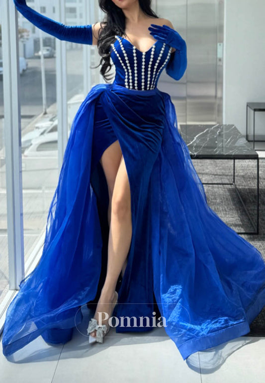 Royal Blue Sweetheart Sleeveless Slit Sequins Prom Dress