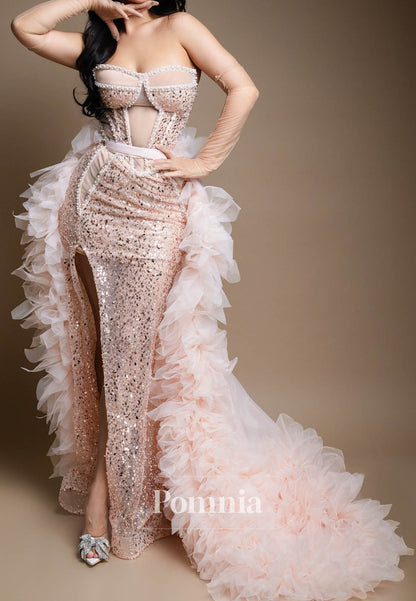 Rose Petal Sleeveless Strapless Sequins Slit Prom Dress