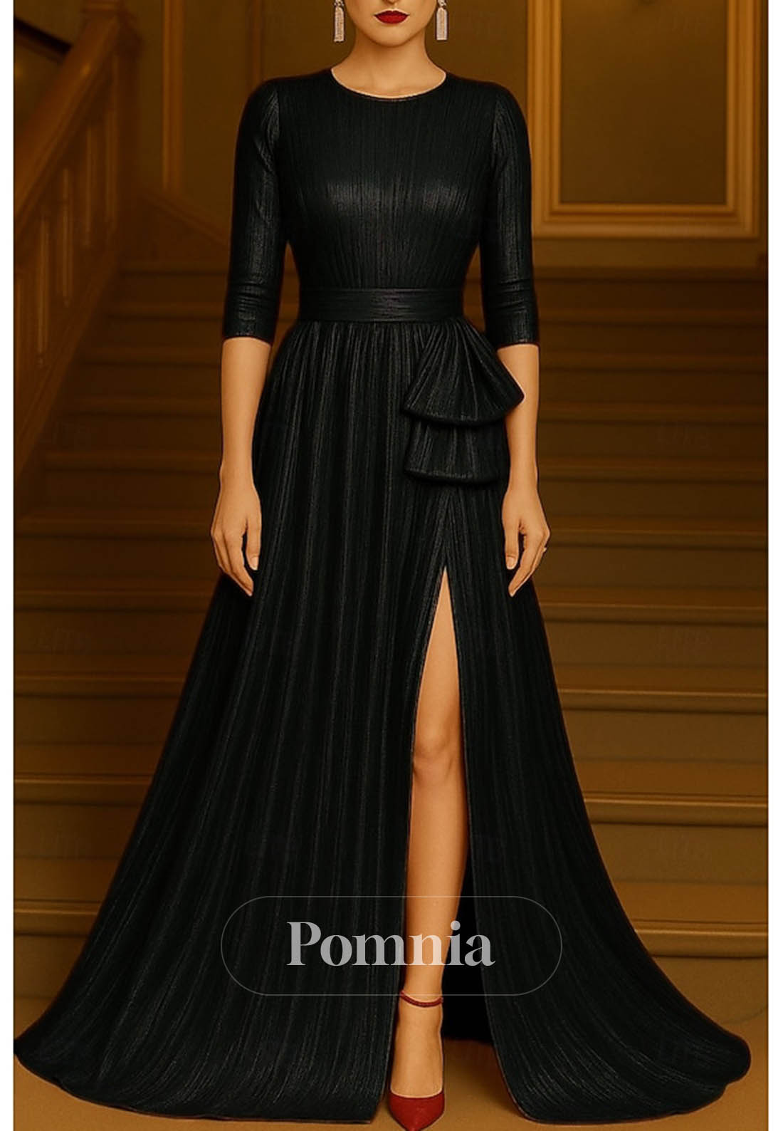 Crew Neck Formal Wedding Lurex Fabric with Glitter Pleats