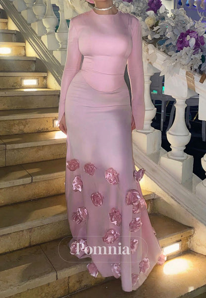 Blushing Pink Long Sleeves Scoop Ruched Appliques Prom Dress