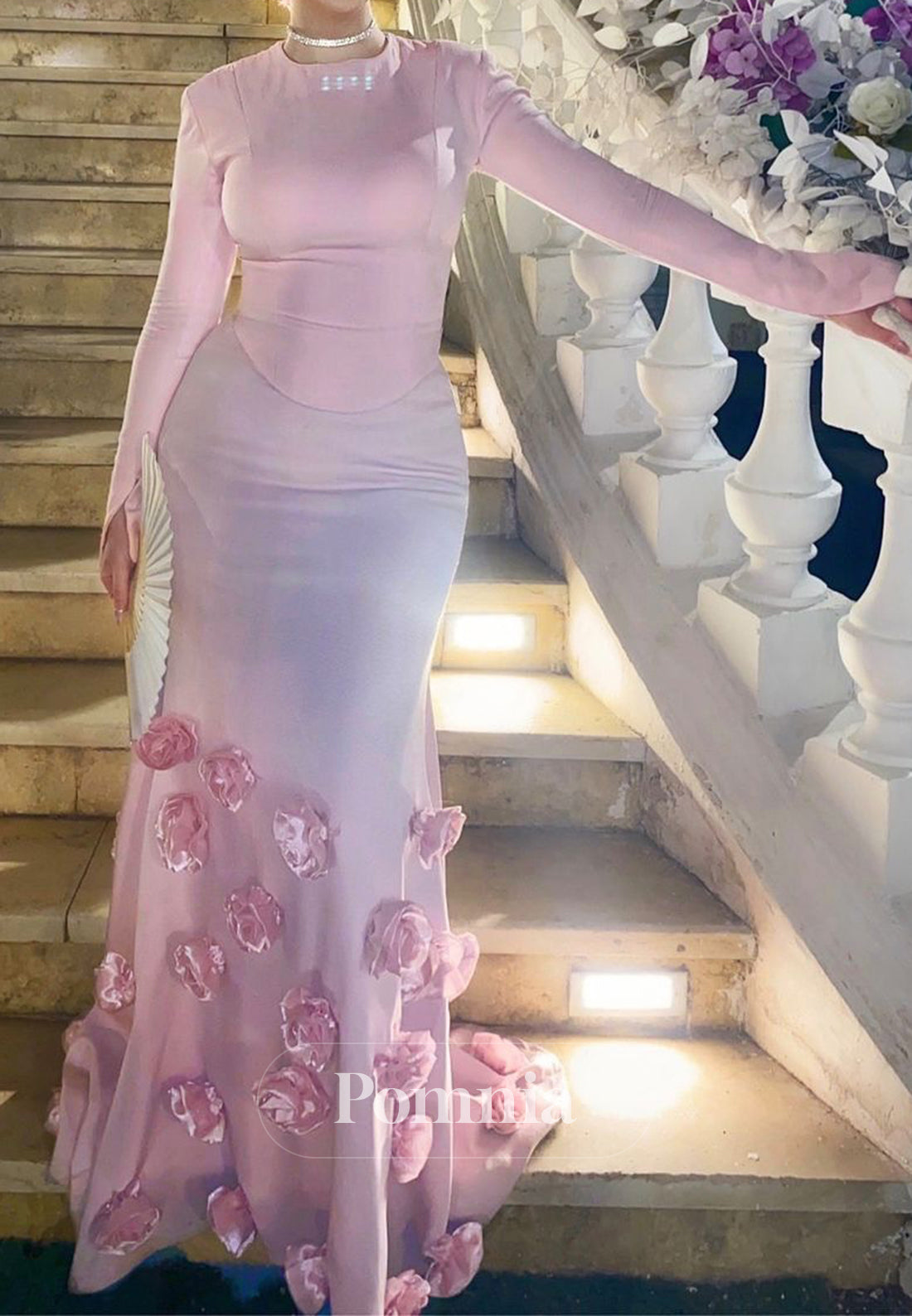 Blushing Pink Long Sleeves Scoop Ruched Appliques Prom Dress