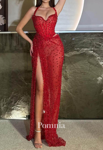 Red Spaghetti Straps Sweetheart Slit Sequins Prom Dress