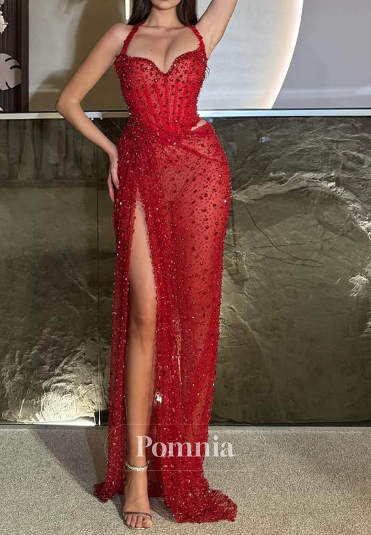 Red Spaghetti Straps Sweetheart Slit Sequins Prom Dress