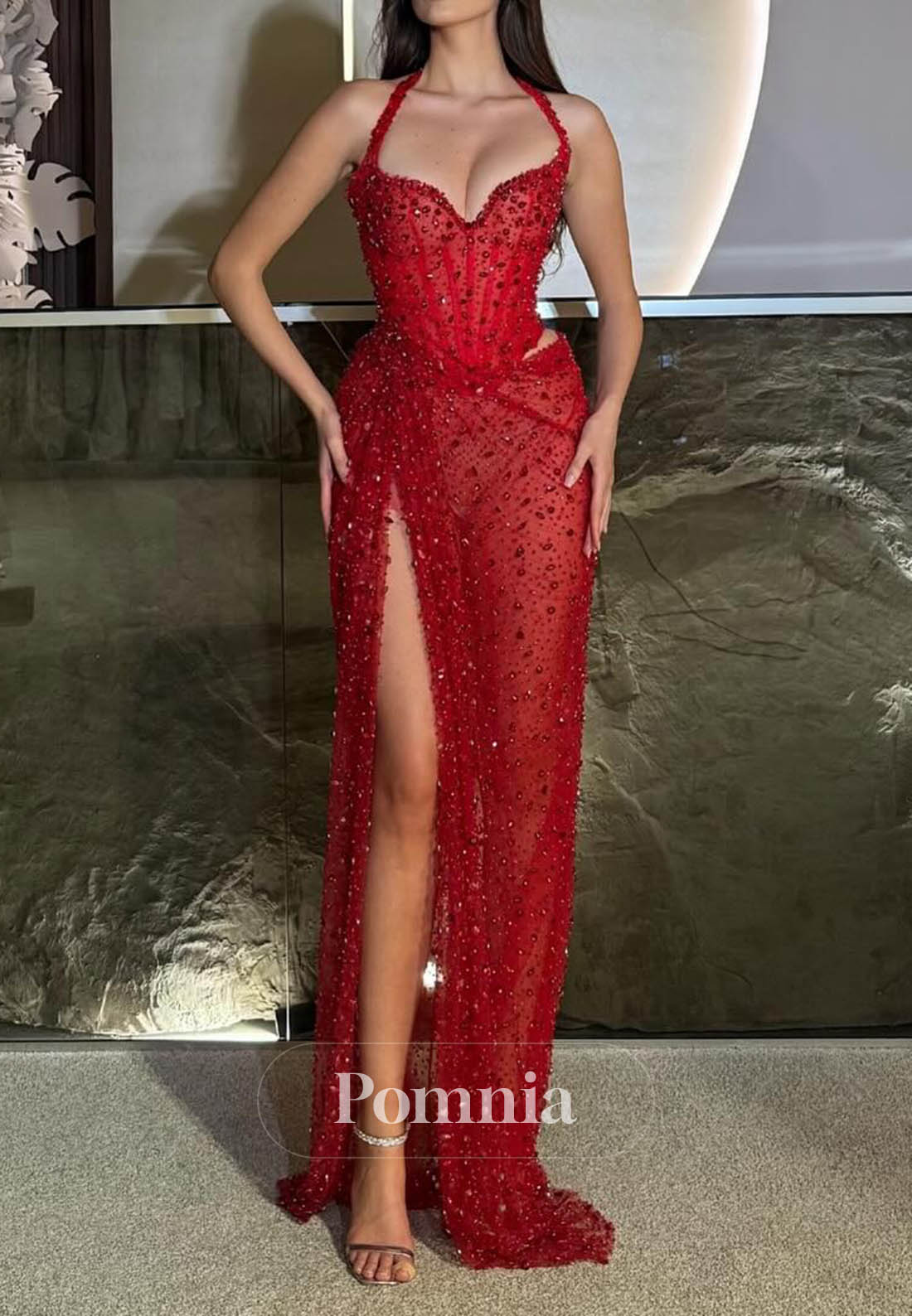 Red Spaghetti Straps Sweetheart Slit Sequins Prom Dress