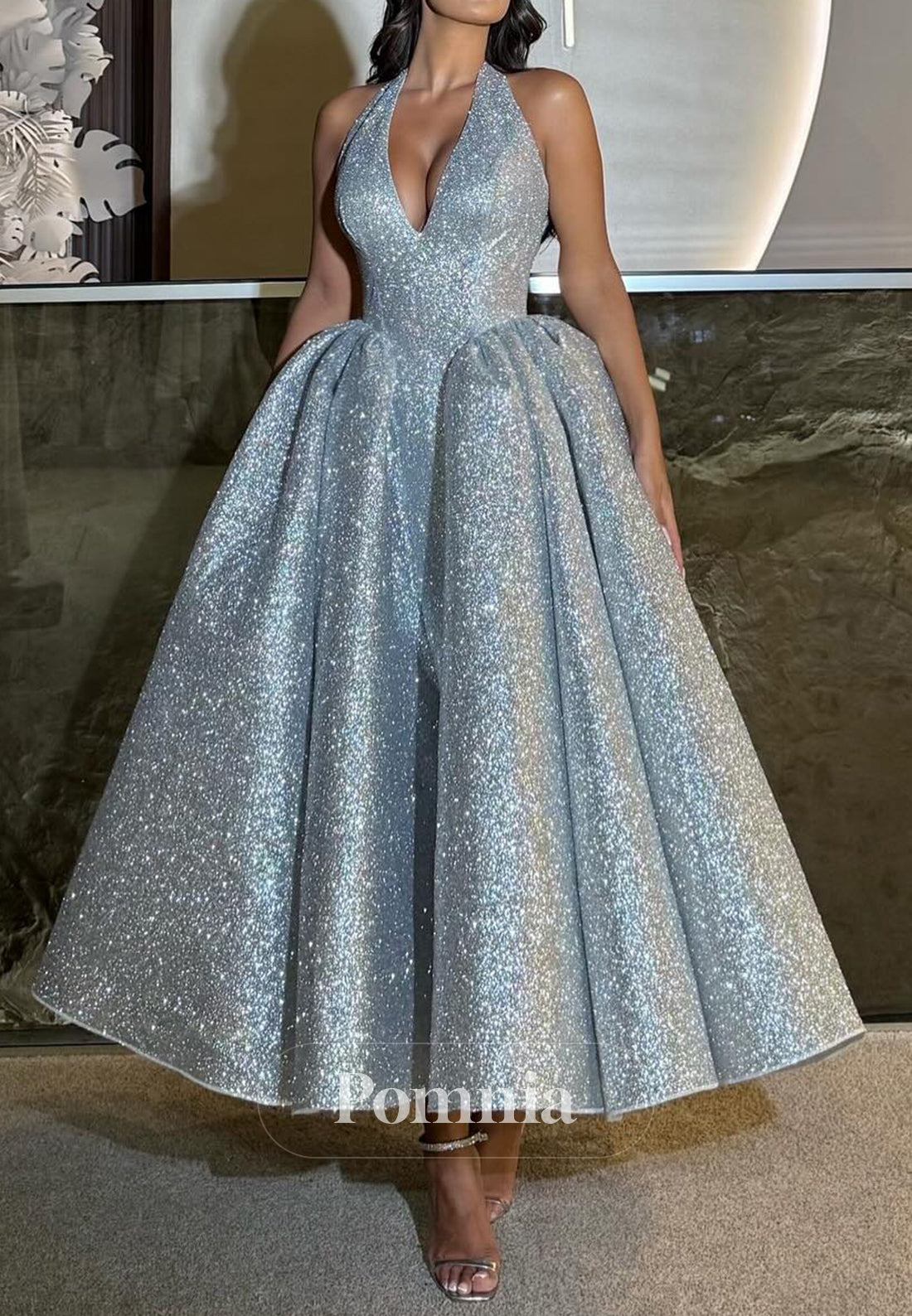 Sparkly Spaghetti Straps V-Neck Sequins Prom Dress