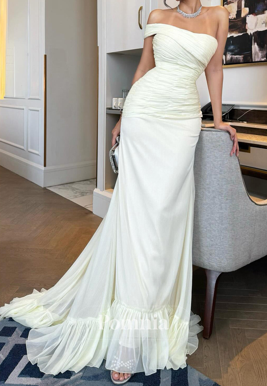 Daffodil One Shoulder Sleeveless Ruched A-Line Prom Dress