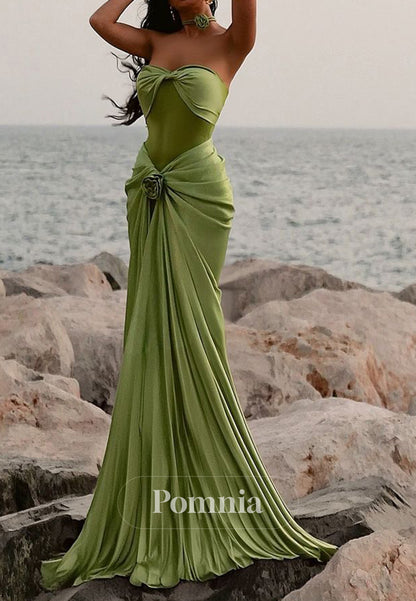 Dusty Sage Sheath Strapless Sleeveless Ruched Prom Dress