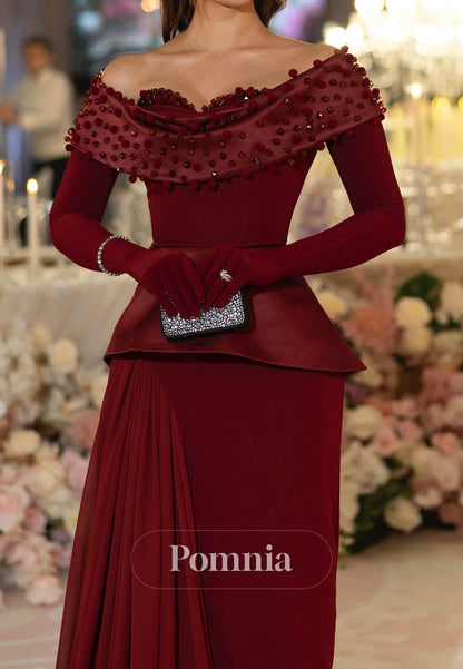 Burgundy Long Sleeves Sweetheart Sequins A-Line Prom Dress