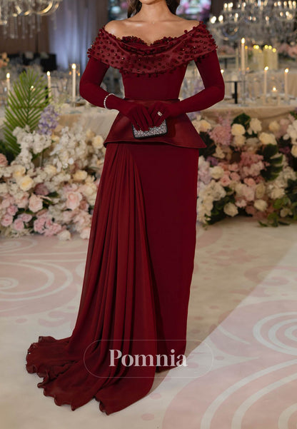 Burgundy Long Sleeves Sweetheart Sequins A-Line Prom Dress