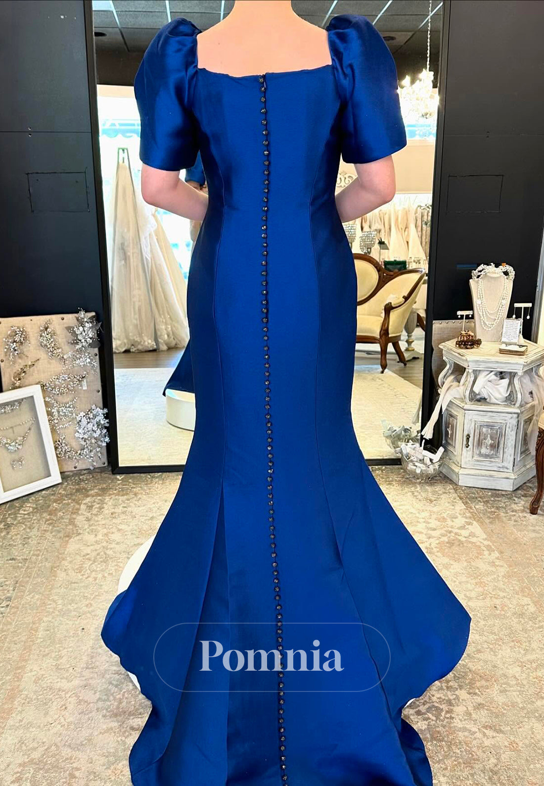 Royal Blue Short Sleeves Square A-Line  Mother of the Bride Dress