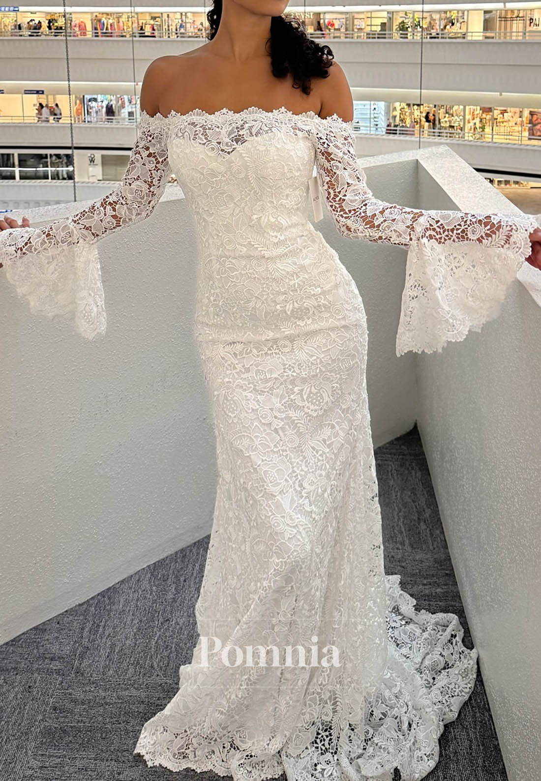 A-Line Long Sleeves Off-Shoulder Lace Wedding Dress