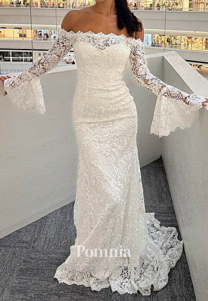 A-Line Long Sleeves Off-Shoulder Lace Wedding Dress