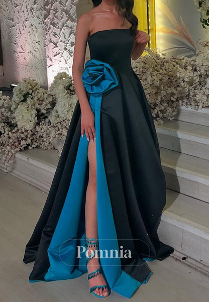 Black A-Line Sleeveless Strapless Floral Appliques Prom Dress